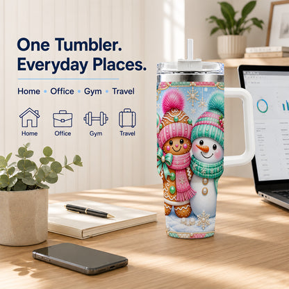 #pl[40oz|White] Gingerbread Snowman 40oz Tumbler with Handle, Pastel Winter Travel Cup
