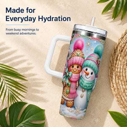 #pl[40oz|White] Gingerbread Snowman 40oz Tumbler with Handle, Pastel Winter Travel Cup