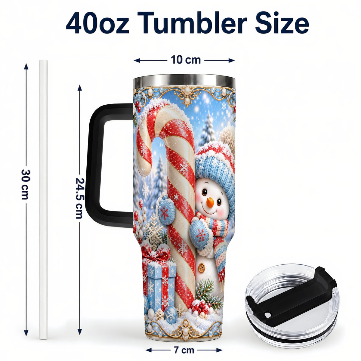 #pl[40oz|Black] Snowman Candy Cane 40oz Tumbler with Handle, Christmas Winter Travel Cup