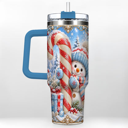 #pl[40oz|Blue] Snowman Candy Cane 40oz Tumbler with Handle, Christmas Winter Travel Cup