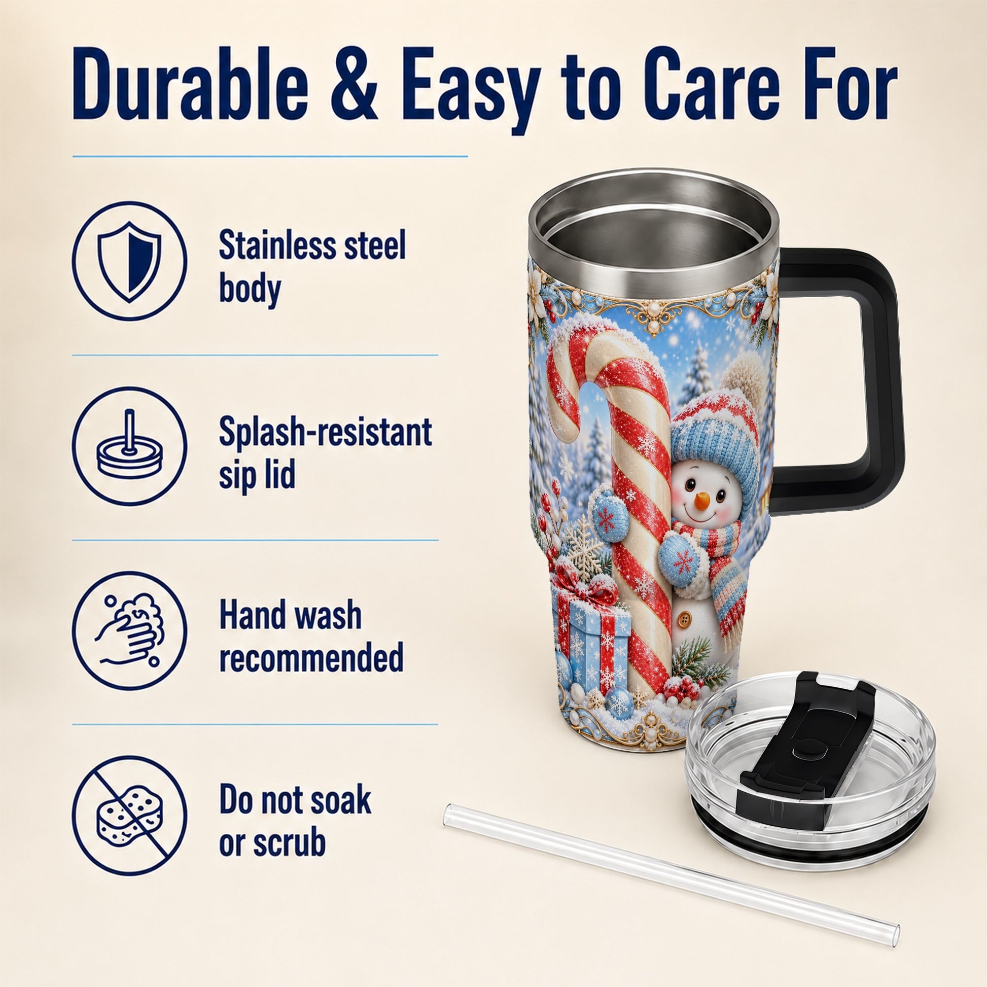 #pl[40oz|Black] Snowman Candy Cane 40oz Tumbler with Handle, Christmas Winter Travel Cup