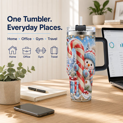 #pl[40oz|Black] Snowman Candy Cane 40oz Tumbler with Handle, Christmas Winter Travel Cup