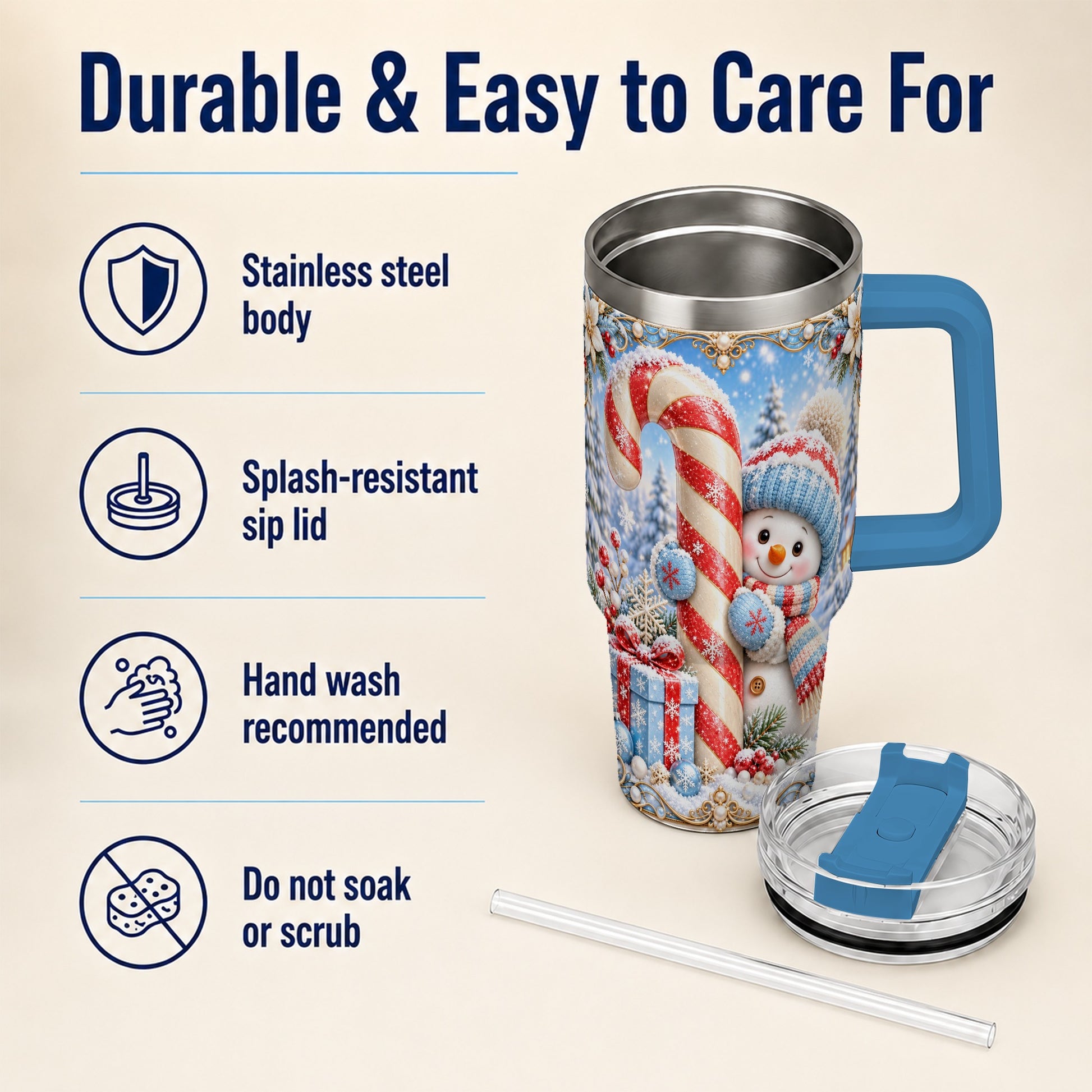 #pl[40oz|Blue] Snowman Candy Cane 40oz Tumbler with Handle, Christmas Winter Travel Cup