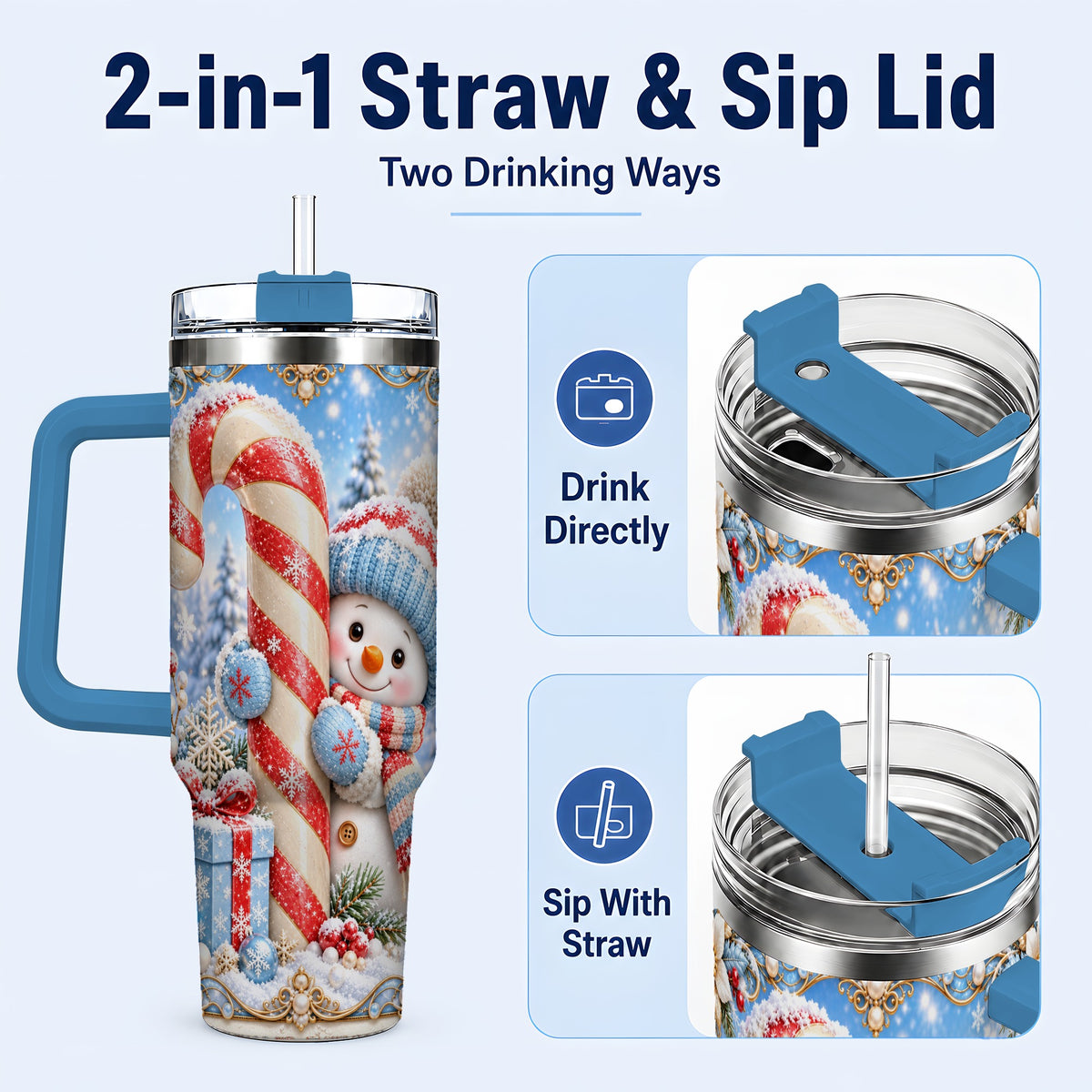 #pl[40oz|Blue] Snowman Candy Cane 40oz Tumbler with Handle, Christmas Winter Travel Cup