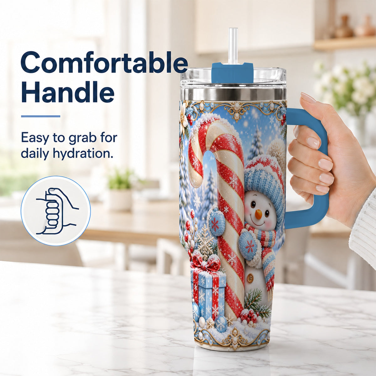 #pl[40oz|Blue] Snowman Candy Cane 40oz Tumbler with Handle, Christmas Winter Travel Cup