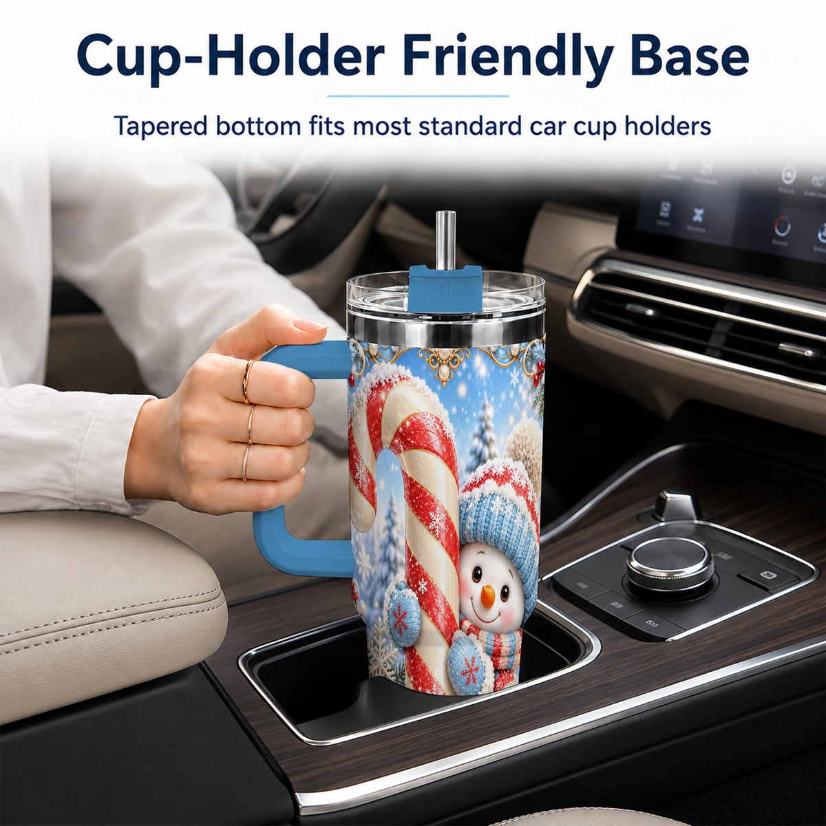 #pl[40oz|Blue] Snowman Candy Cane 40oz Tumbler with Handle, Christmas Winter Travel Cup