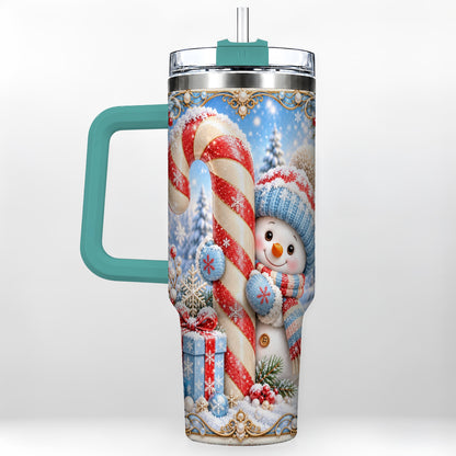 #pl[40oz|Green] Snowman Candy Cane 40oz Tumbler with Handle, Christmas Winter Travel Cup