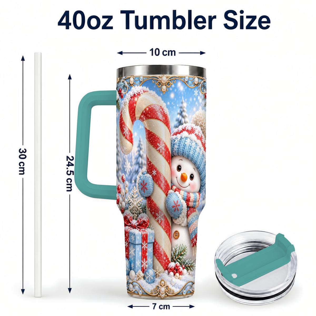 #pl[40oz|Green] Snowman Candy Cane 40oz Tumbler with Handle, Christmas Winter Travel Cup