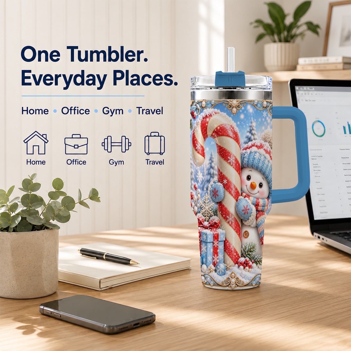 #pl[40oz|Blue] Snowman Candy Cane 40oz Tumbler with Handle, Christmas Winter Travel Cup