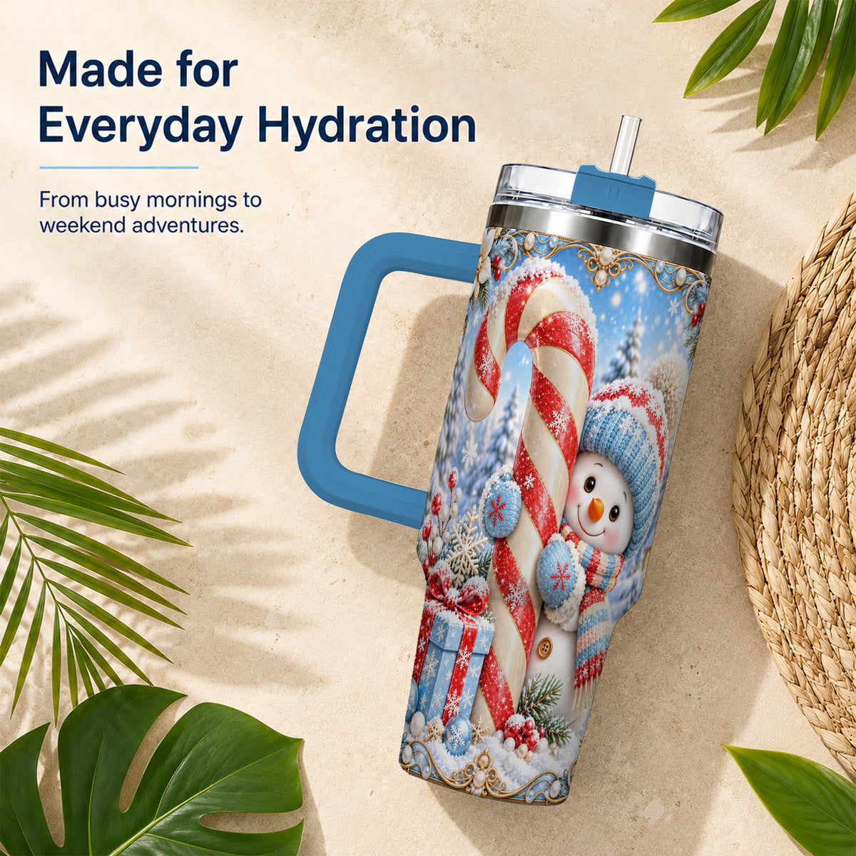 #pl[40oz|Blue] Snowman Candy Cane 40oz Tumbler with Handle, Christmas Winter Travel Cup