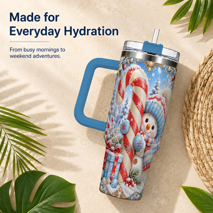 #pl[40oz|Blue] Snowman Candy Cane 40oz Tumbler with Handle, Christmas Winter Travel Cup