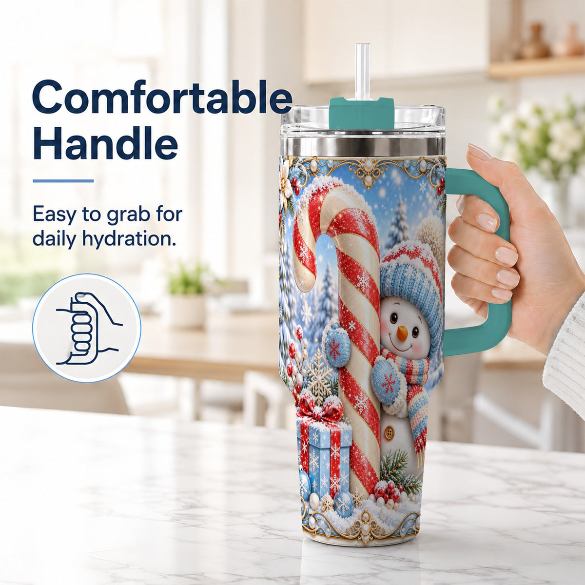 #pl[40oz|Green] Snowman Candy Cane 40oz Tumbler with Handle, Christmas Winter Travel Cup