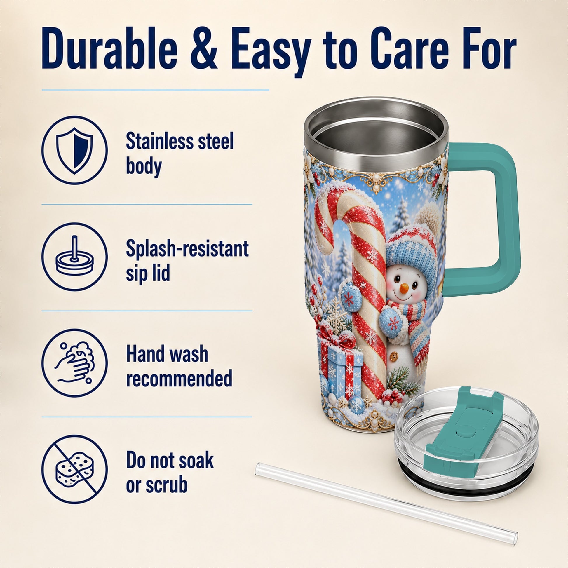 #pl[40oz|Green] Snowman Candy Cane 40oz Tumbler with Handle, Christmas Winter Travel Cup