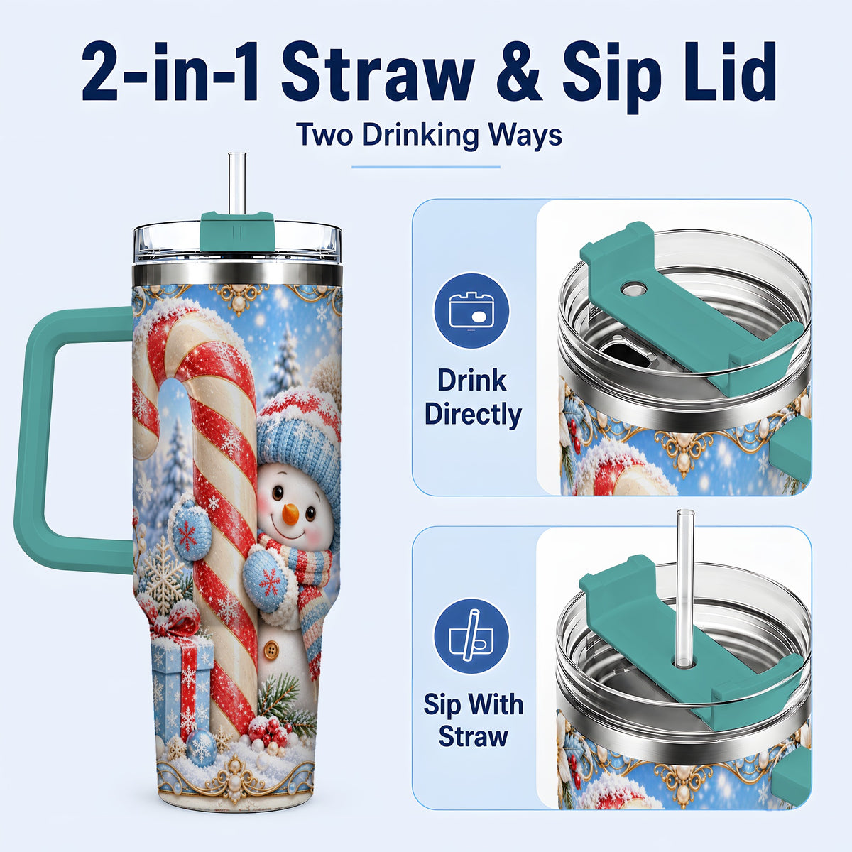 #pl[40oz|Green] Snowman Candy Cane 40oz Tumbler with Handle, Christmas Winter Travel Cup