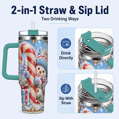 #pl[40oz|Green] Snowman Candy Cane 40oz Tumbler with Handle, Christmas Winter Travel Cup