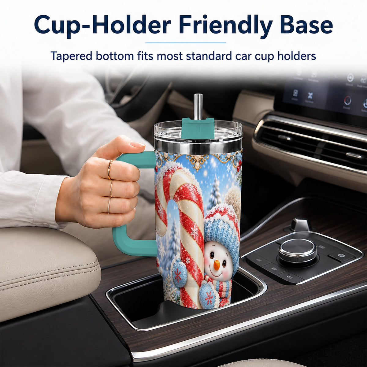 #pl[40oz|Green] Snowman Candy Cane 40oz Tumbler with Handle, Christmas Winter Travel Cup