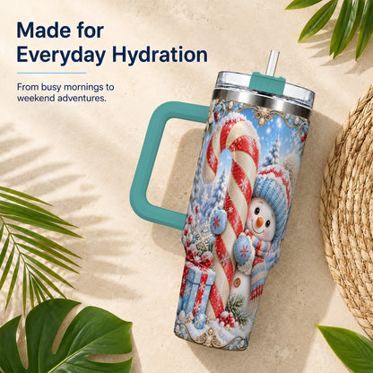 #pl[40oz|Green] Snowman Candy Cane 40oz Tumbler with Handle, Christmas Winter Travel Cup