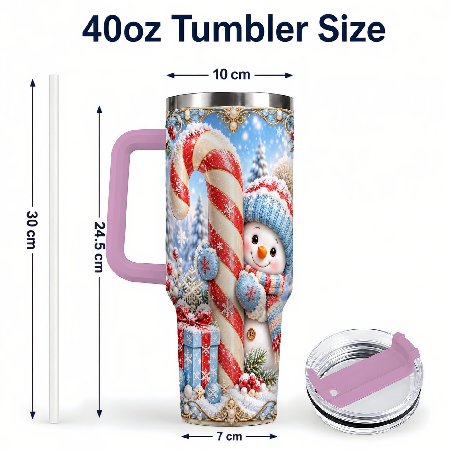 #pl[40oz|Pink] Snowman Candy Cane 40oz Tumbler with Handle, Christmas Winter Travel Cup