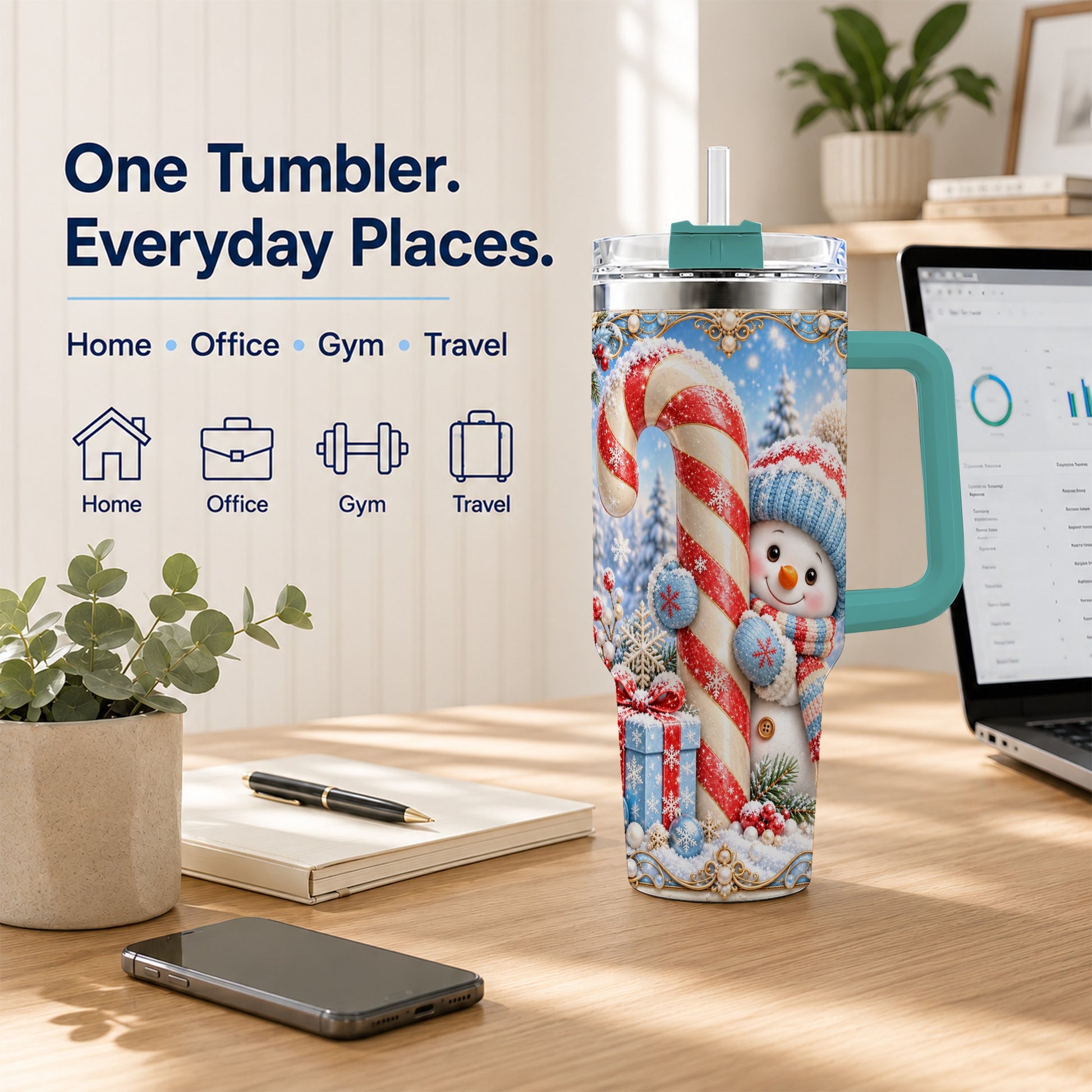 #pl[40oz|Green] Snowman Candy Cane 40oz Tumbler with Handle, Christmas Winter Travel Cup