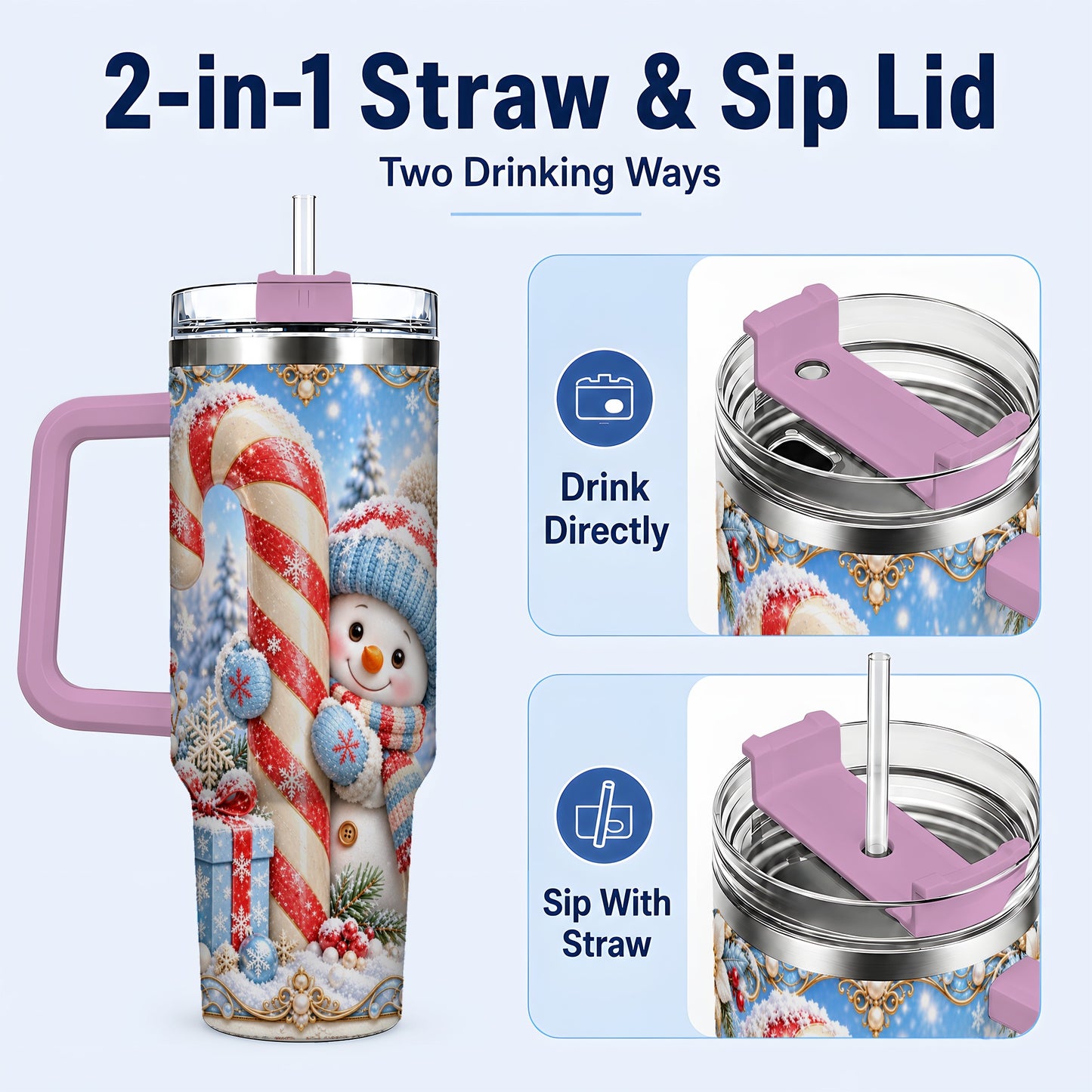 #pl[40oz|Pink] Snowman Candy Cane 40oz Tumbler with Handle, Christmas Winter Travel Cup