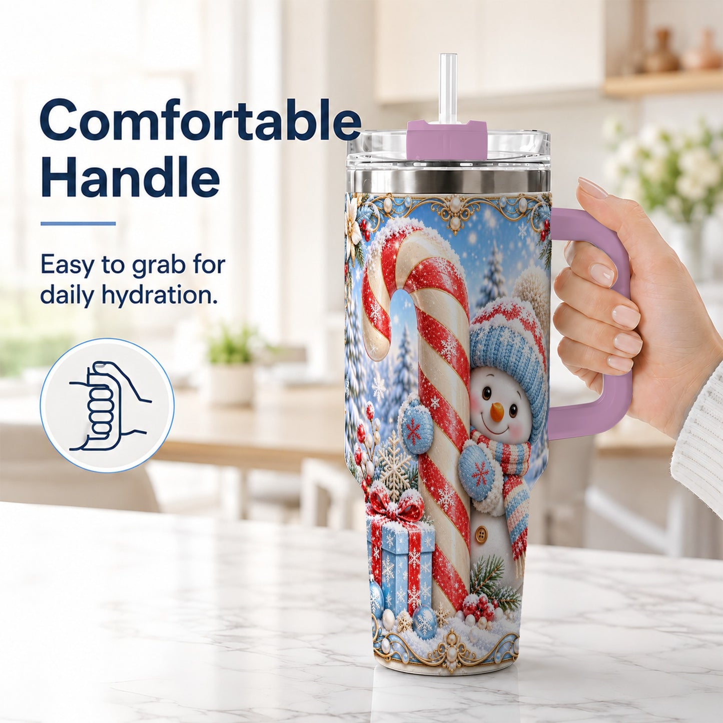 #pl[40oz|Pink] Snowman Candy Cane 40oz Tumbler with Handle, Christmas Winter Travel Cup