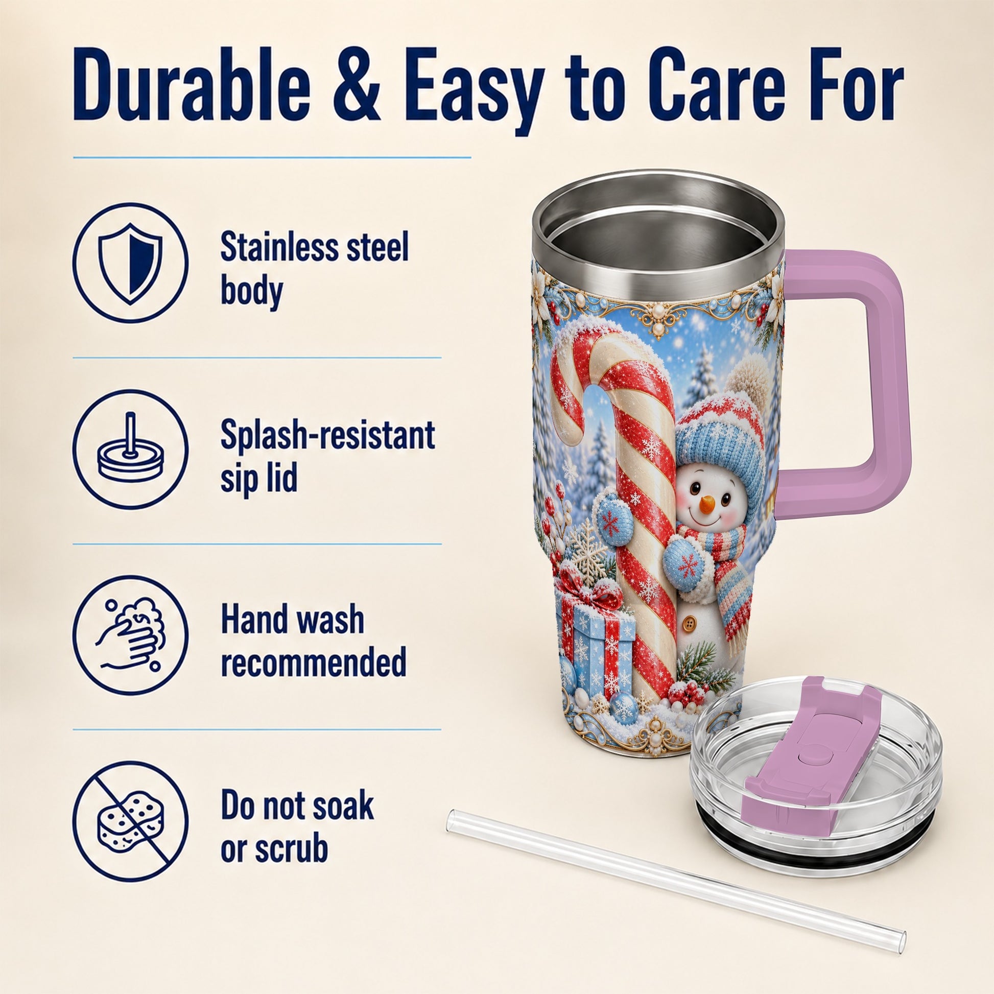 #pl[40oz|Pink] Snowman Candy Cane 40oz Tumbler with Handle, Christmas Winter Travel Cup