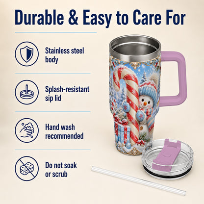 #pl[40oz|Pink] Snowman Candy Cane 40oz Tumbler with Handle, Christmas Winter Travel Cup