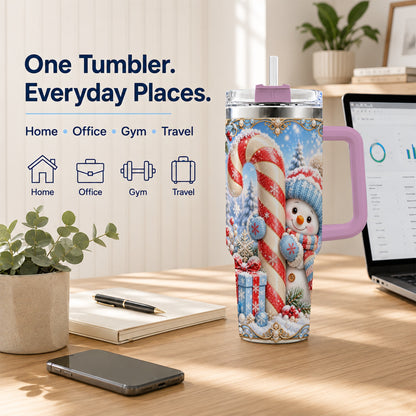 #pl[40oz|Pink] Snowman Candy Cane 40oz Tumbler with Handle, Christmas Winter Travel Cup