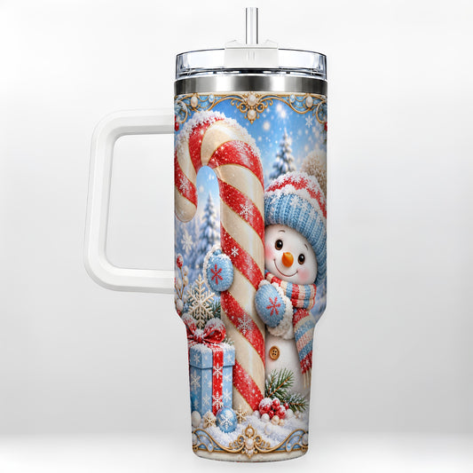 Snowman Candy Cane 40oz Tumbler with Handle, Christmas Winter Travel Cup