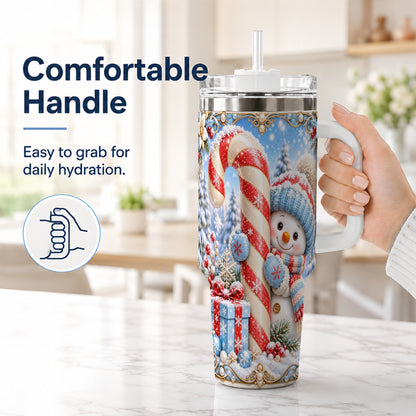#pl[40oz|White] Snowman Candy Cane 40oz Tumbler with Handle, Christmas Winter Travel Cup