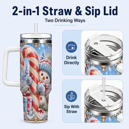 #pl[40oz|White] Snowman Candy Cane 40oz Tumbler with Handle, Christmas Winter Travel Cup