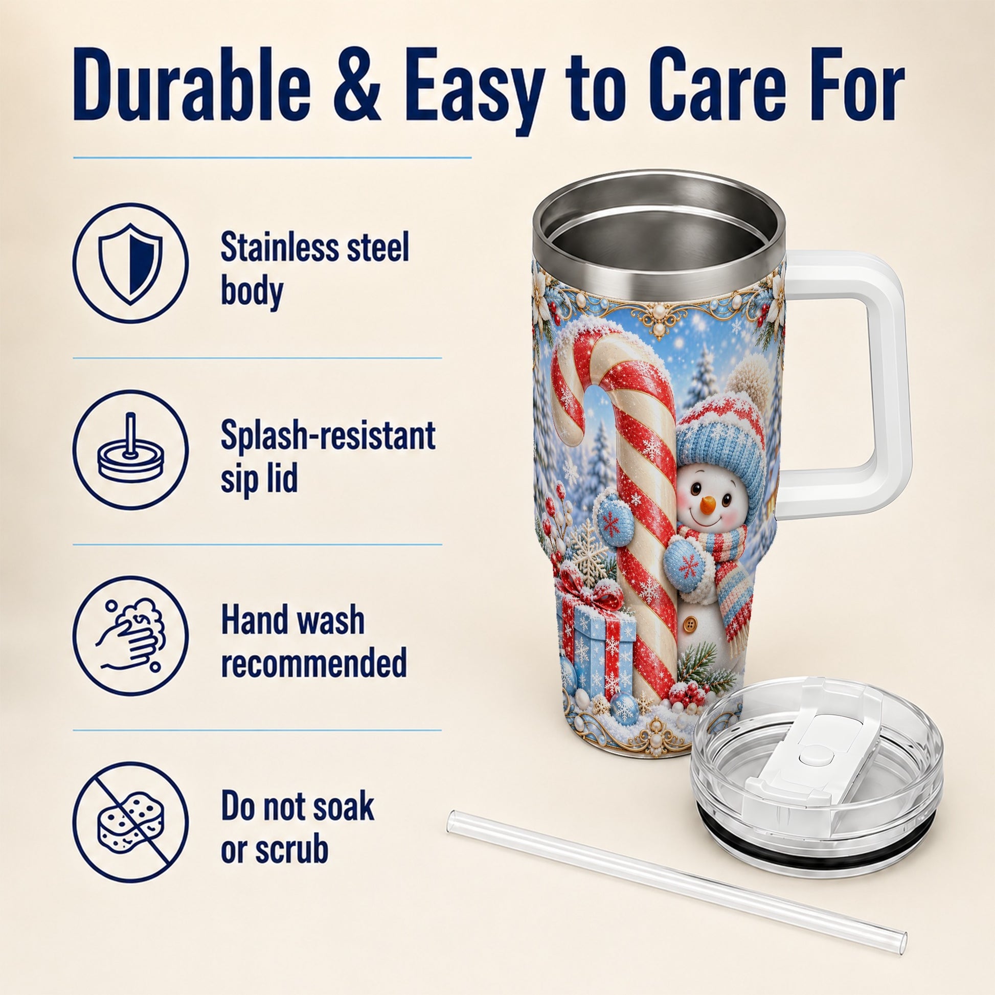 #pl[40oz|White] Snowman Candy Cane 40oz Tumbler with Handle, Christmas Winter Travel Cup
