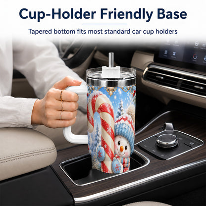 #pl[40oz|White] Snowman Candy Cane 40oz Tumbler with Handle, Christmas Winter Travel Cup
