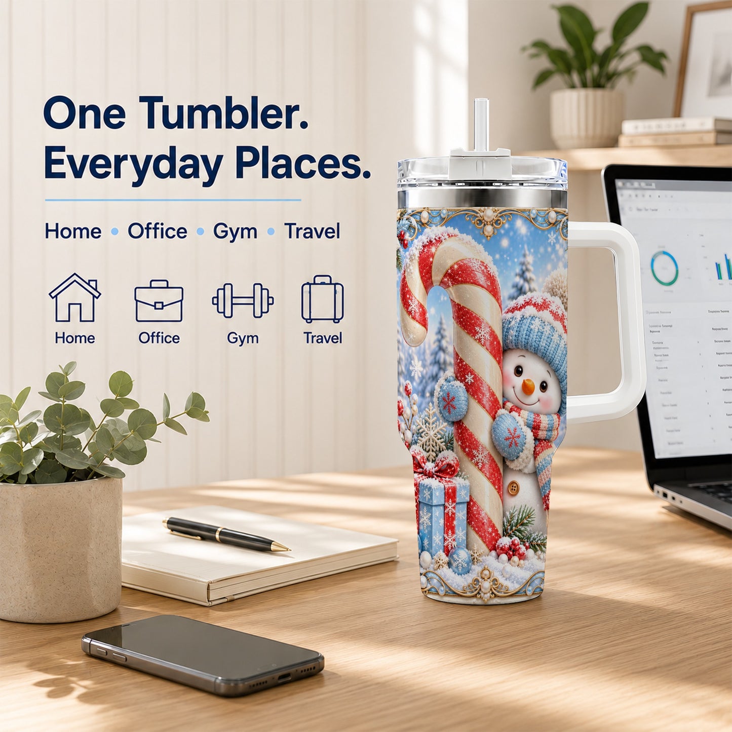 #pl[40oz|White] Snowman Candy Cane 40oz Tumbler with Handle, Christmas Winter Travel Cup