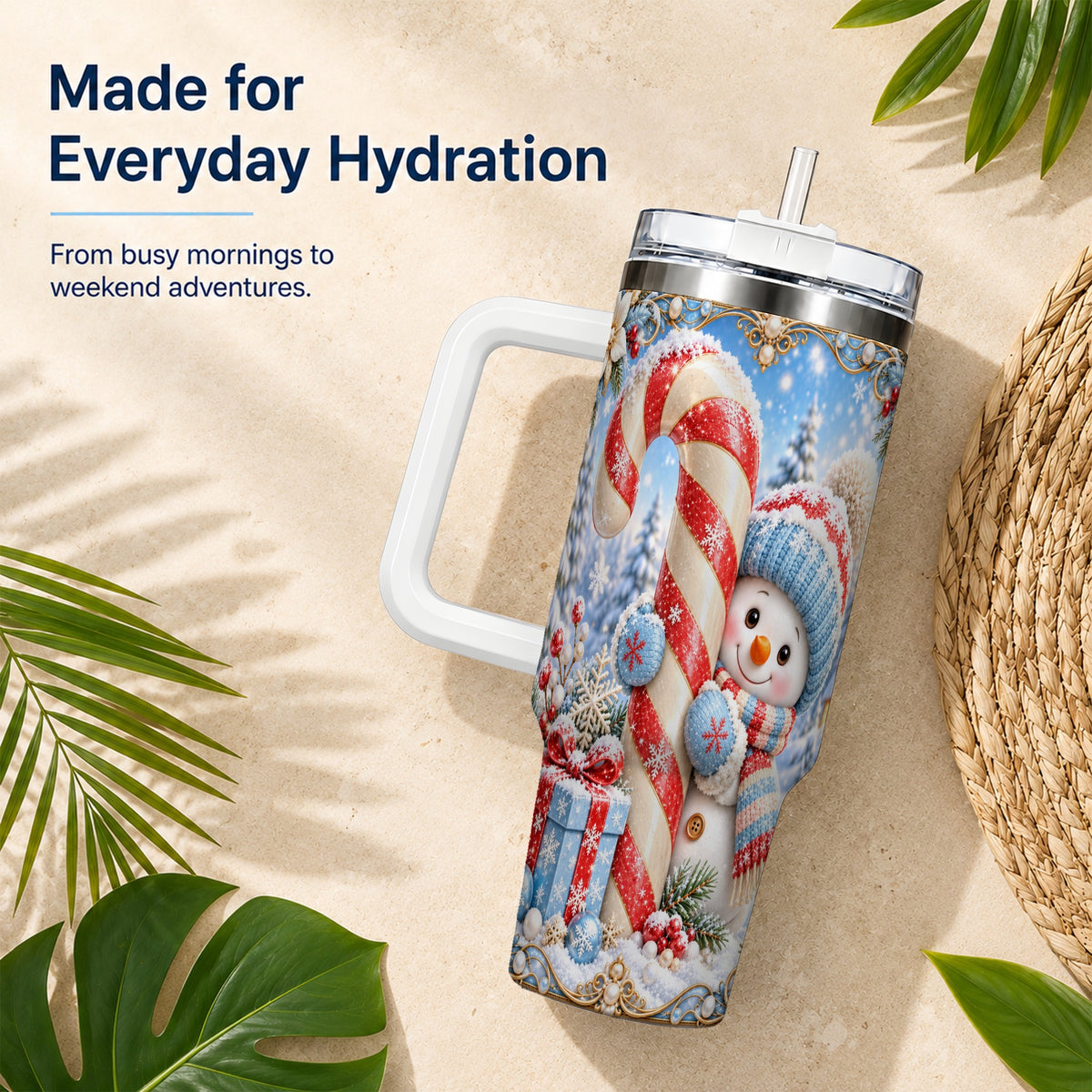 #pl[40oz|White] Snowman Candy Cane 40oz Tumbler with Handle, Christmas Winter Travel Cup
