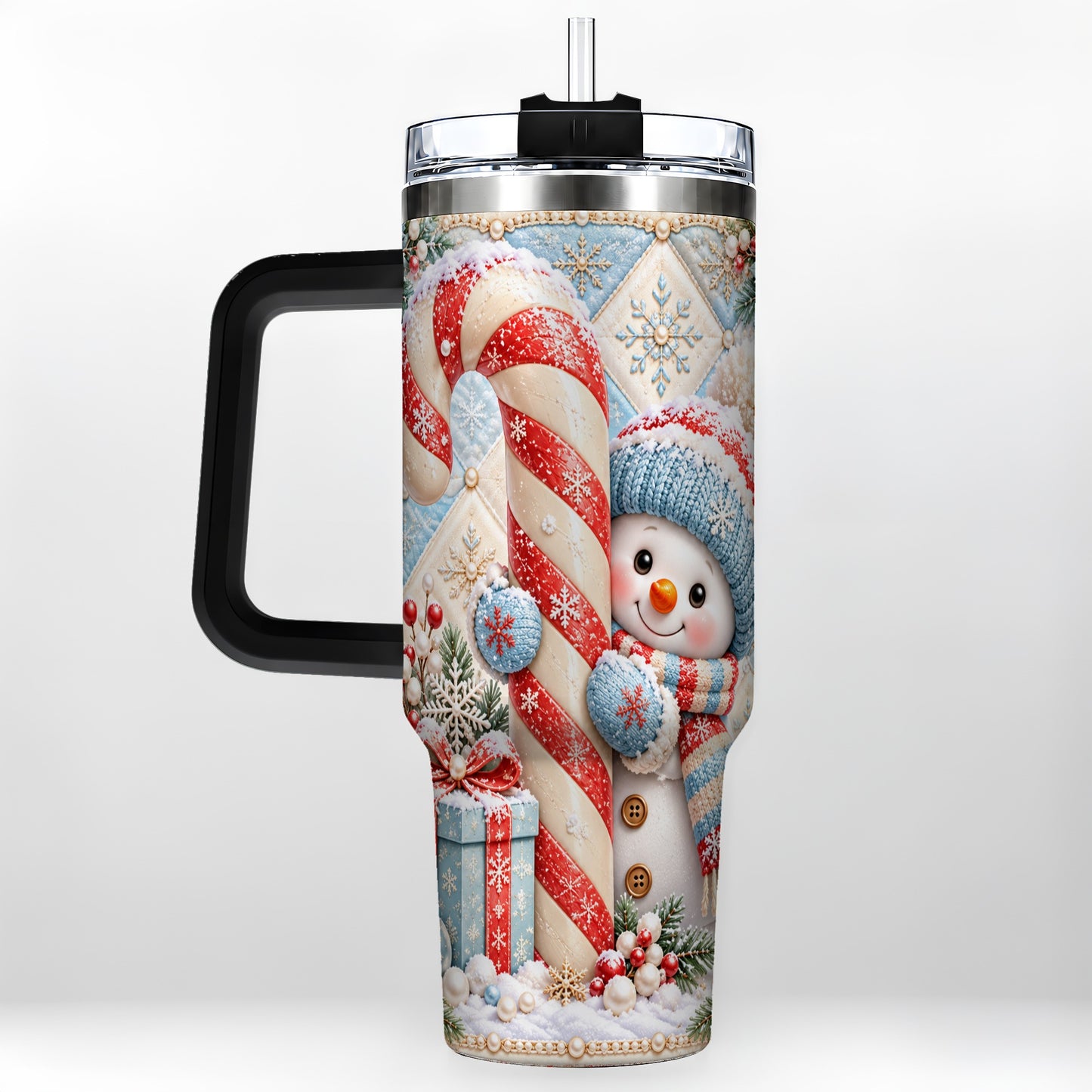 #pl[40oz|Black] Snowman Candy Cane 40oz Tumbler with Handle, Winter Holiday Travel Cup