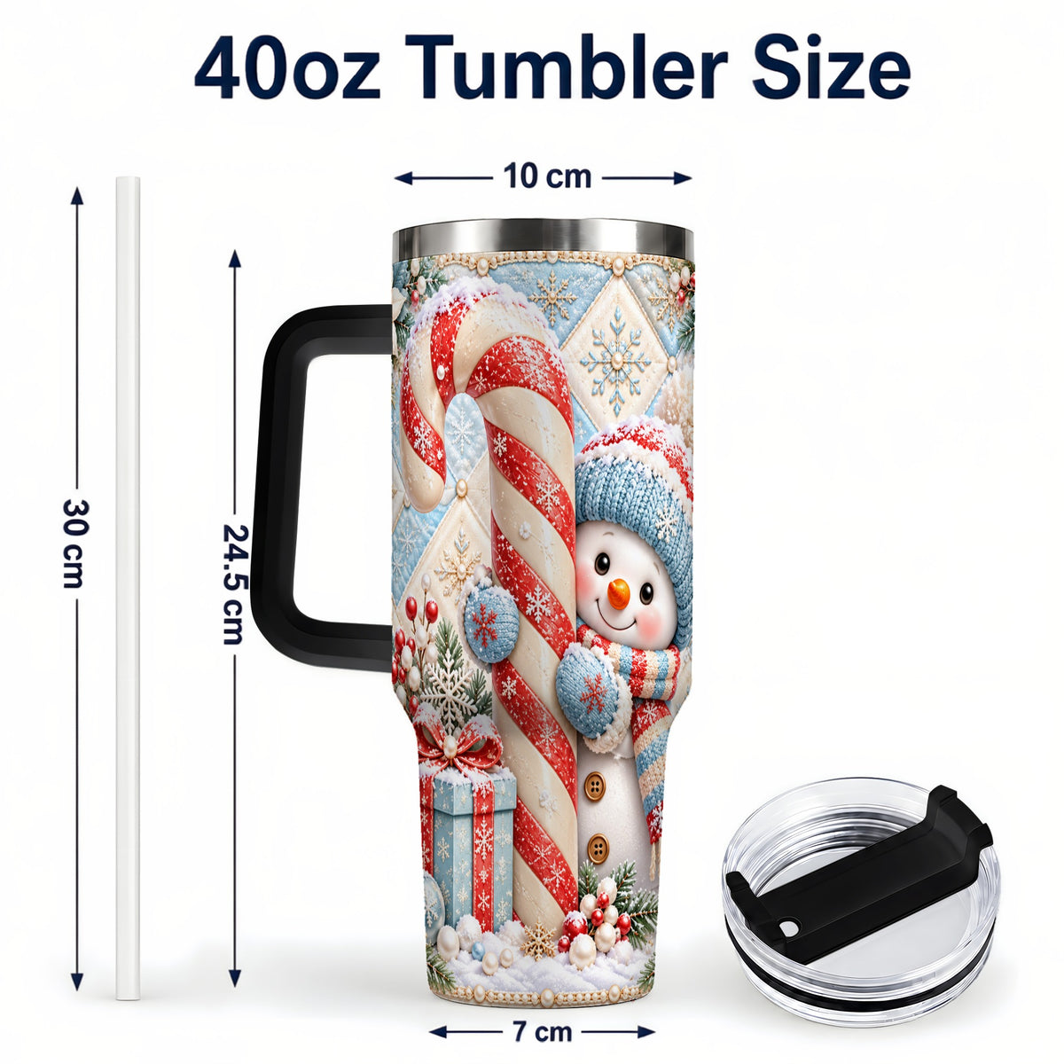 #pl[40oz|Black] Snowman Candy Cane 40oz Tumbler with Handle, Winter Holiday Travel Cup