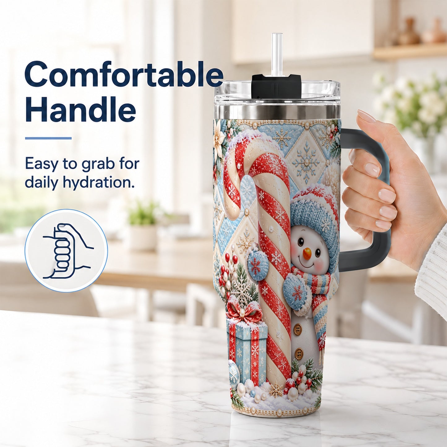 #pl[40oz|Black] Snowman Candy Cane 40oz Tumbler with Handle, Winter Holiday Travel Cup