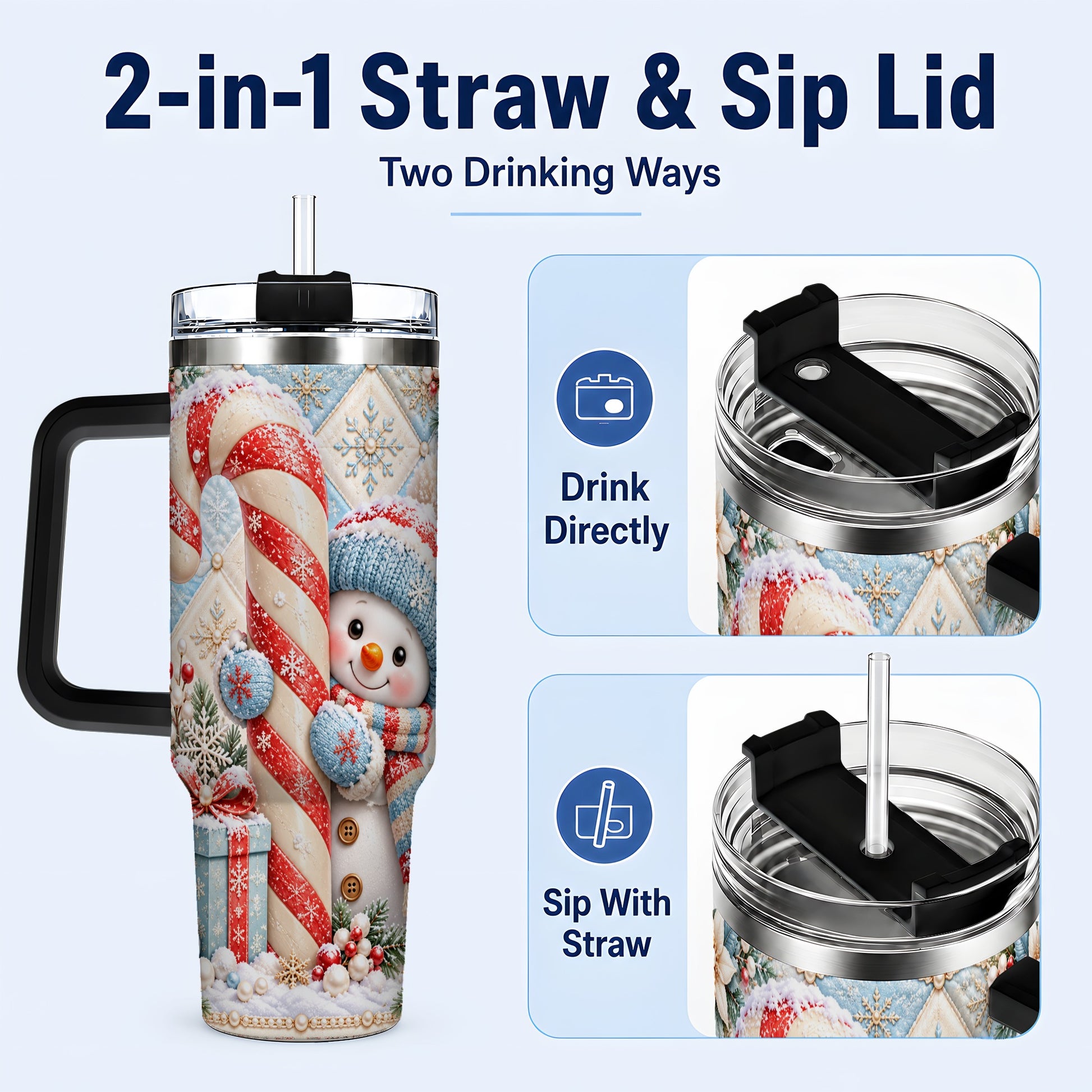 #pl[40oz|Black] Snowman Candy Cane 40oz Tumbler with Handle, Winter Holiday Travel Cup