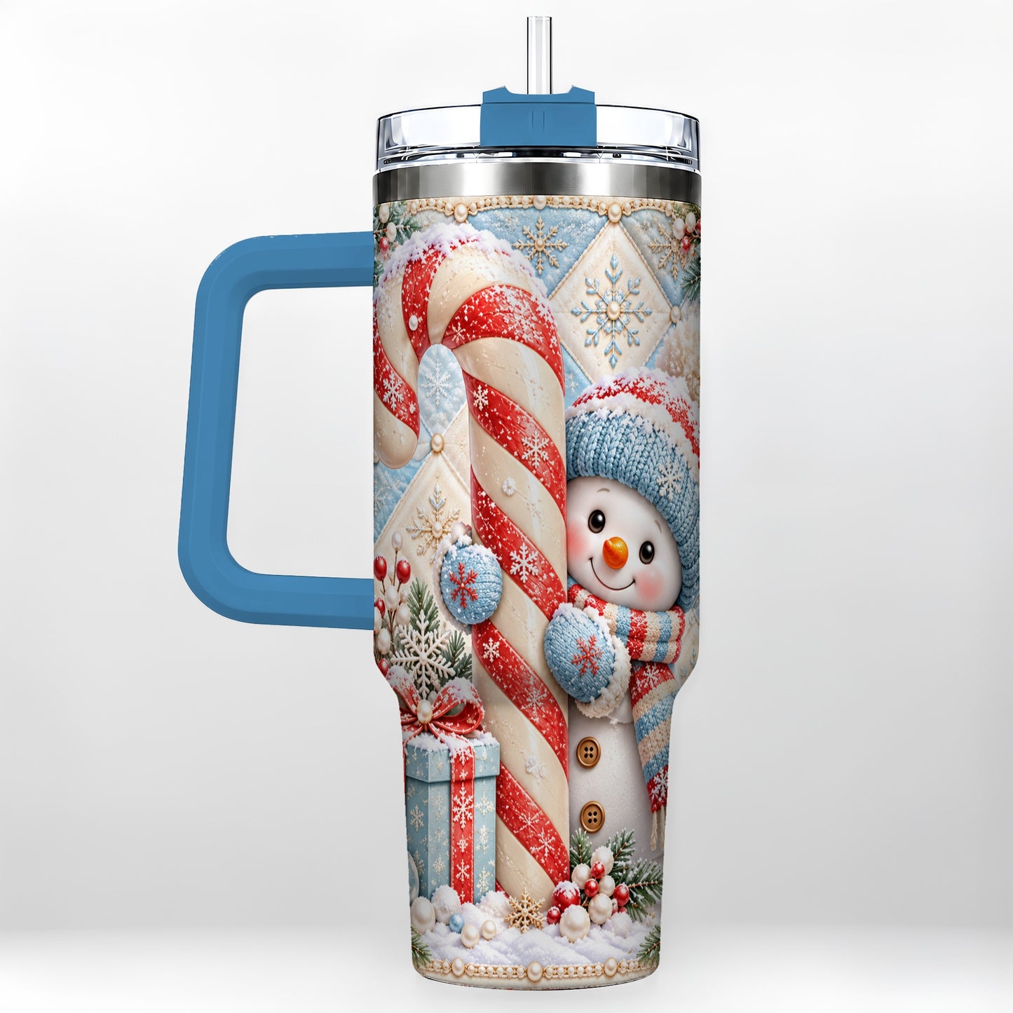 #pl[40oz|Blue] Snowman Candy Cane 40oz Tumbler with Handle, Winter Holiday Travel Cup