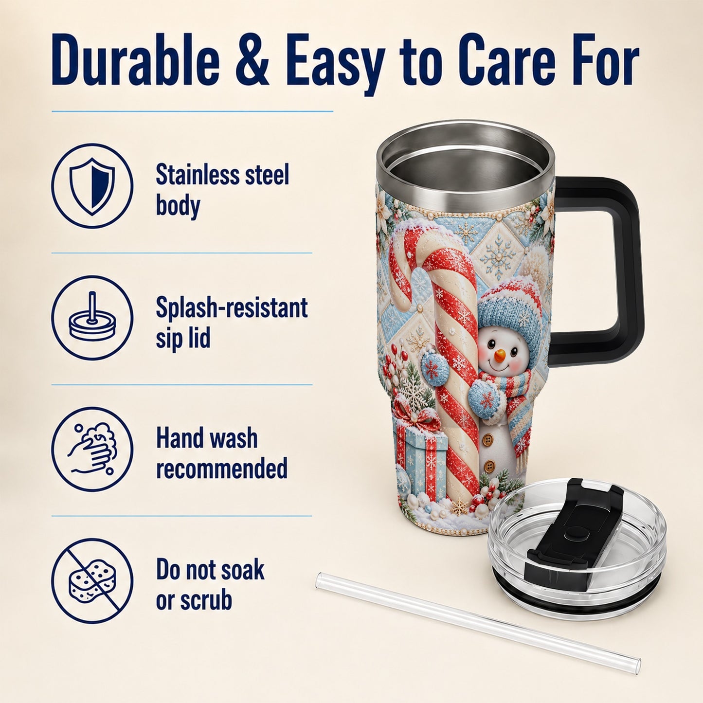 #pl[40oz|Black] Snowman Candy Cane 40oz Tumbler with Handle, Winter Holiday Travel Cup
