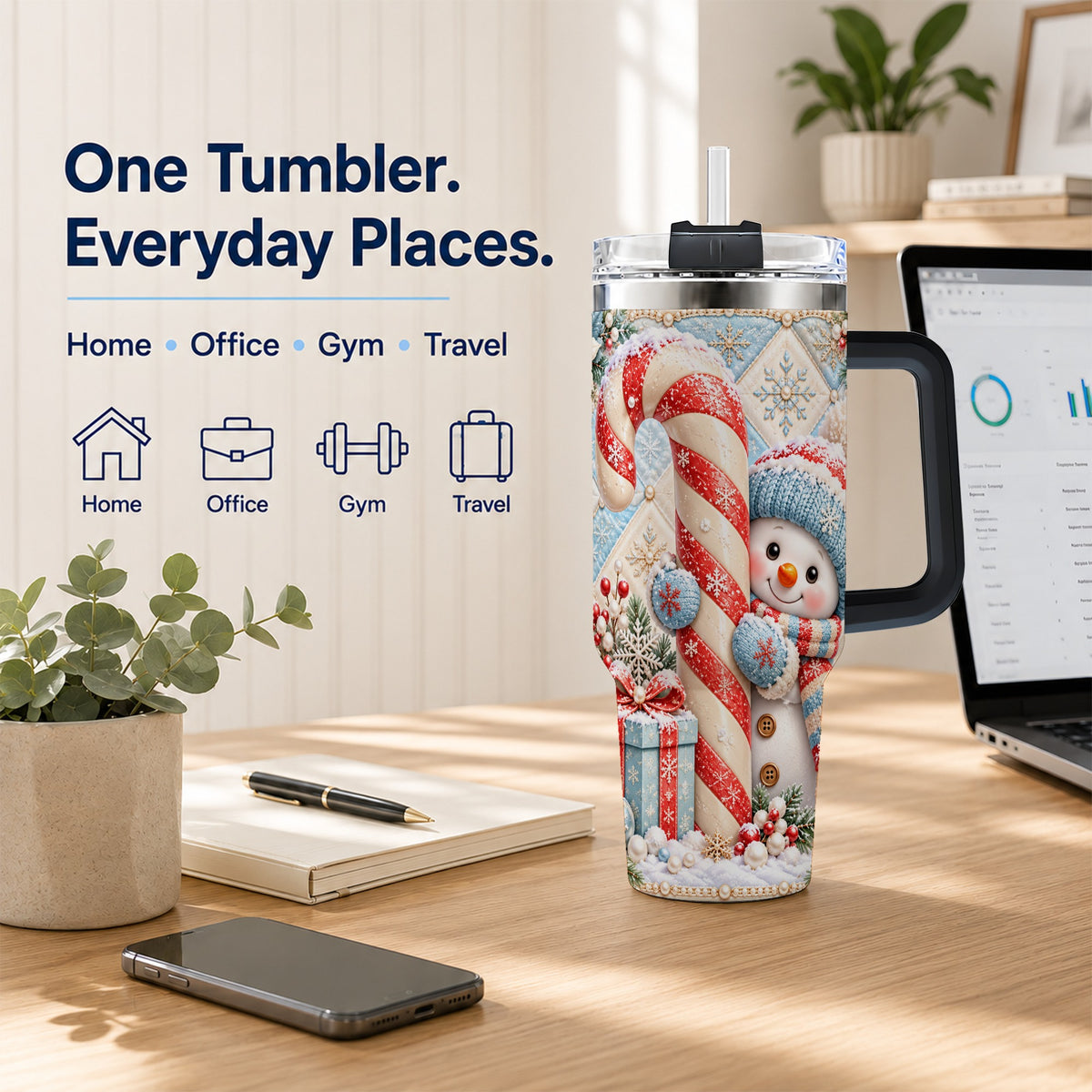 #pl[40oz|Black] Snowman Candy Cane 40oz Tumbler with Handle, Winter Holiday Travel Cup