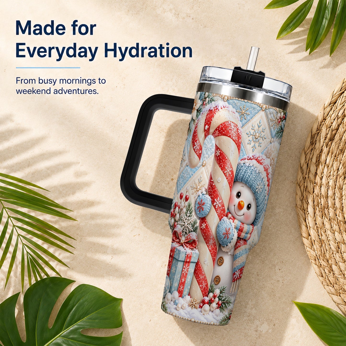 #pl[40oz|Black] Snowman Candy Cane 40oz Tumbler with Handle, Winter Holiday Travel Cup