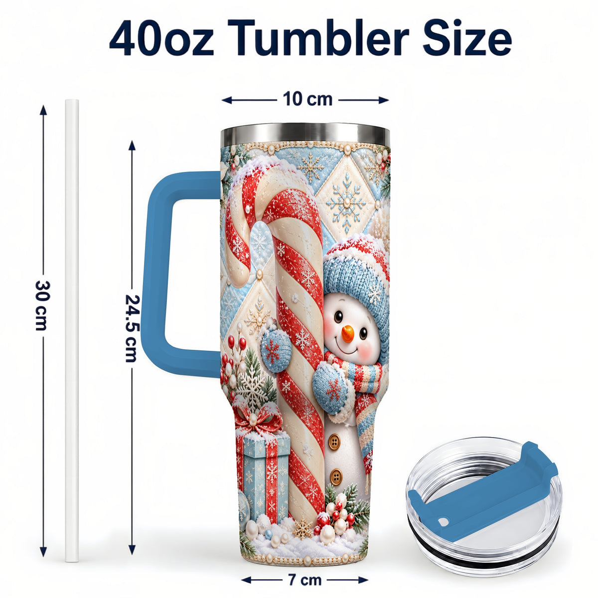#pl[40oz|Blue] Snowman Candy Cane 40oz Tumbler with Handle, Winter Holiday Travel Cup
