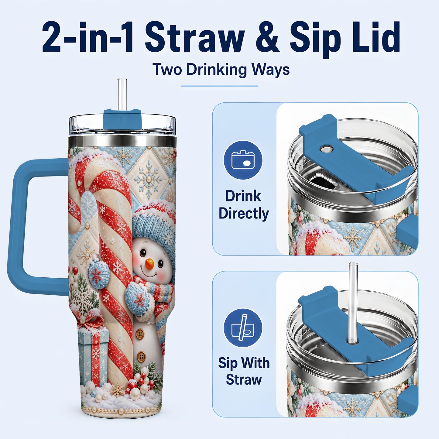 #pl[40oz|Blue] Snowman Candy Cane 40oz Tumbler with Handle, Winter Holiday Travel Cup