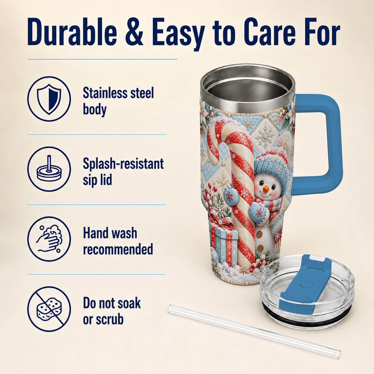 #pl[40oz|Blue] Snowman Candy Cane 40oz Tumbler with Handle, Winter Holiday Travel Cup