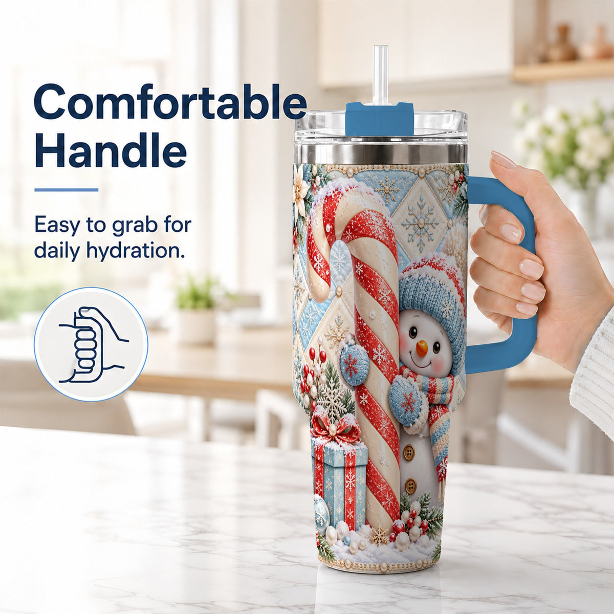 #pl[40oz|Blue] Snowman Candy Cane 40oz Tumbler with Handle, Winter Holiday Travel Cup