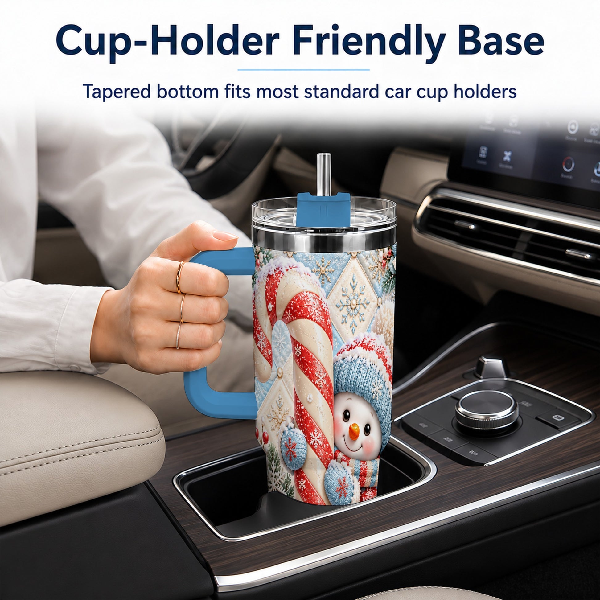 #pl[40oz|Blue] Snowman Candy Cane 40oz Tumbler with Handle, Winter Holiday Travel Cup