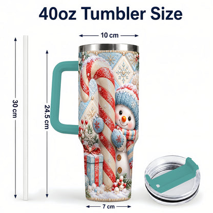 #pl[40oz|Green] Snowman Candy Cane 40oz Tumbler with Handle, Winter Holiday Travel Cup