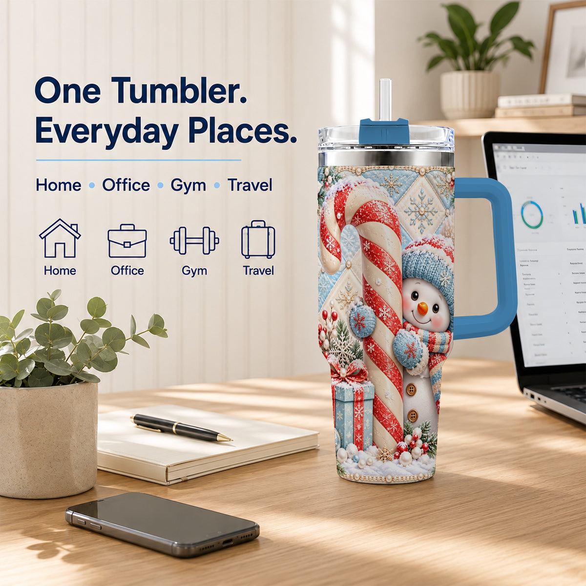 #pl[40oz|Blue] Snowman Candy Cane 40oz Tumbler with Handle, Winter Holiday Travel Cup